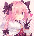  1boy blush braid cape commentary_request fang fate/apocrypha fate_(series) fur-trimmed_cape fur_trim gloves hair_ribbon heart looking_at_viewer one_eye_closed open_mouth pink_hair ribbon rider_of_black single_braid smile solo trap violet_eyes yuyuyasds 