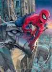  1boy bodysuit chrysler_building cityscape gargoyle marvel mask murata_yuusuke muscle new_york silk solo spider-man spider-man_(series) spider_web squatting superhero 