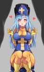  1girl :o bangs blue_hair blue_hat blush bodysuit boots breasts cross cross_print dragon_quest dragon_quest_iii eyebrows_visible_through_hair gem gloves grey_background hat heart heart-shaped_pupils highres large_breasts long_hair looking_at_viewer looking_through_legs mitre orange_bodysuit out_of_frame priest_(dq3) print_hat red_eyes serin199 simple_background solo_focus squatting symbol-shaped_pupils tabard yellow_gloves 