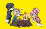  5girls :3 bag black_eyes black_hair blonde_hair brown_hair casual chibi closed_eyes commentary face_down food fruit grey_hair hayami_kanade ichinose_shiki idolmaster idolmaster_cinderella_girls jougasaki_mika kotatsu leaning_forward lipps_(idolmaster) looking_at_another mandarin_orange miyamoto_frederica multiple_girls no_nose open_mouth ori_(yellow_duckling) pink_hair shiomi_shuuko shopping_bag short_hair sitting standing table visible_air yellow_eyes 