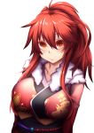  1girl arms_at_sides bangs breasts closed_mouth elesis_(elsword) elsword fi-san fur hair_between_eyes highres japanese_clothes kimono large_breasts long_hair looking_at_viewer obi ponytail red_eyes redhead sash sidelocks smile solo upper_body white_background 