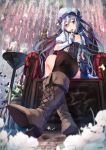  1girl black_legwear blue_eyes blue_hair blurry blush boots commentary_request cross-laced_footwear crying depth_of_field flower foreshortening gloves hat highres lace-up_boots lee-chan_(saraki) legs_crossed long_hair open_mouth original saraki solo streaming_tears teapot tears thigh-highs throne white_gloves 