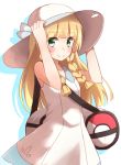  bag bangs bare_arms blonde_hair blunt_bangs blush braid collared_dress commentary_request dress duffel_bag green_eyes hat highres holding holding_hat kapatarou lillie_(pokemon) poke_ball_theme pokemon pokemon_(game) pokemon_sm sleeveless sleeveless_dress smile sun_hat sundress twin_braids white_dress white_hat 