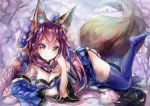  1girl animal_ears bow breasts cleavage detached_sleeves fate/extra fate_(series) flower fox_ears fox_tail hair_bow hand_on_own_cheek japanese_clothes lying medium_breasts on_stomach pink_hair purple_bow sanae_(jomill04) signature smile solo sparkling_eyes tail tamamo_(fate)_(all) tamamo_no_mae_(fate) thigh-highs yellow_eyes 