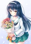  1girl akashio_(loli_ace) bangs black_hair black_neckerchief blouse blue_background blush bouquet closed_mouth collarbone commentary_request cowboy_shot cross eyebrows_visible_through_hair flower flower_request girls_und_panzer gradient gradient_background green_skirt hair_between_eyes hairband highres holding holding_bouquet long_hair long_sleeves looking_at_viewer miniskirt neckerchief ooarai_school_uniform peony_(flower) pink_flower pleated_skirt purple_flower red_flower reizei_mako ribbon school_uniform serafuku shiny shiny_hair skirt smile solo standing white_blouse white_hairband yellow_eyes yellow_flower yellow_ribbon 