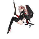  1girl armor artist_request breasts brown_hair cleavage cleavage_cutout earrings full_body girls_frontline gloves gun hair_between_eyes high_heels jacket jewelry lever_action long_hair looking_at_viewer m1887_(girls_frontline) multicolored_hair official_art red_eyes redhead shotgun solo streaked_hair thigh-highs transparent_background trigger_discipline wavy_hair weapon winchester_model_1887 