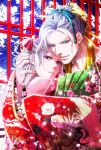  2boys blue_eyes cover cover_page floral_print gaithunder hair_ornament hand_in_another&#039;s_hair hug japanese_clothes looking_at_viewer male_focus multiple_boys official_art oiran_niisan original parted_lips silver_hair smile violet_eyes wide_sleeves yaoi 