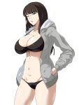  1girl bangs black_bra black_panties blunt_bangs bra breasts cleavage cowboy_shot girls_und_panzer grey_jacket half-closed_eyes highres hood hoodie huge_breasts jacket long_hair long_sleeves looking_at_viewer mature nishizumi_shiho no_pants open_clothes open_jacket panties parted_lips simple_background solo standing tsubooi underwear white_background 