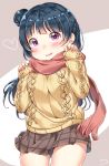  1girl absurdres blue_hair blush hair_bun highres joptr06 long_hair looking_at_viewer love_live! love_live!_sunshine!! open_mouth scarf smile solo sweater tsushima_yoshiko violet_eyes younger 