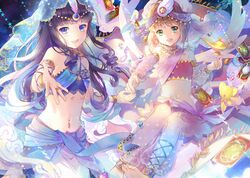  2girls :d anklet arabian_clothes armlet bangs bare_shoulders barefoot black_hair blue_eyes blunt_bangs blush bracelet brown_hair card card_captor_sakura daidouji_tomoyo dancer ekira_nieto feet gem green_eyes hair_ornament harem_outfit harem_pants highres jewelry kero kinomoto_sakura lamp long_hair looking_at_viewer midriff multiple_girls navel navel_piercing necklace open_mouth pants piercing ringlets sarong see-through sidelocks smile soles star stomach toes veil 