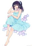  1girl :d absurdres barefoot blue_dress chan_co dress feet flower hibike!_euphonium highres kousaka_reina leg_up long_hair looking_at_viewer open_mouth ponytail purple_hair scan simple_background sitting smile solo sundress toes violet_eyes white_background 