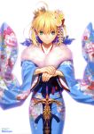  1girl absurdres alternate_costume avalon_(fate/stay_night) blonde_hair caliburn crown fate/stay_night fate_(series) green_eyes highres japanese_clothes saber simple_background solo sword takeuchi_takashi weapon 
