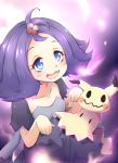  1girl acerola_(pokemon) armlet blue_eyes dress elite_four hair_ornament half_updo highres kirimochi mimikyu multicolored multicolored_clothes multicolored_dress open_mouth pokemon pokemon_(creature) pokemon_(game) pokemon_sm purple_hair short_hair trial_captain 