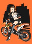  1girl breasts brown_hair green_eyes ground_vehicle headwear_removed helmet helmet_removed highres long_hair looking_back motor_vehicle motorcycle motorcycle_helmet shoes sideboob sneakers solo thigh-highs tongue tongue_out yoshito 