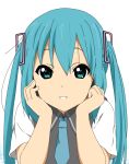  1girl bangs beni_oboro blue_eyes blue_necktie collared_shirt cosplay eyebrows hair_between_eyes hands_on_own_cheeks hands_on_own_face hatsune_miku k-on! long_hair looking_at_viewer nakano_azusa necktie shirt short_sleeves smile solo twintails vest vocaloid white_shirt 