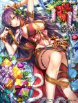  1girl breasts character_request christmas_ornaments copyright_request gift gift_wrapping jewelry large_breasts long_hair looking_at_viewer lying on_back purple_hair ribbon smile solo under_boob watermark yellow_eyes 