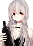  1girl absurdres bare_shoulders bottle breasts cleavage detached_collar grey_hair highres long_hair looking_at_viewer ogami_ren original red_eyes simple_background white_background wine_bottle 