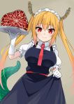  1girl bangs blonde_hair breasts dragon_girl dragon_tail fang fang_out food gloves gomashi_(goma) gradient_hair horns kobayashi-san_chi_no_maidragon large_breasts long_hair looking_at_viewer maid maid_headdress multicolored_hair puffy_short_sleeves puffy_sleeves red_eyes short_sleeves skirt_hold smile solo steak tail tooru_(maidragon) tray twintails white_gloves 