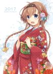  1girl 2017 alternate_costume artist_name blue_eyes braid breasts brown_hair floral_background floral_print flower hair_flower hair_ornament headband japanese_clothes kantai_collection kimono long_hair long_sleeves looking_at_viewer medium_breasts meso_(goma-meso) obi open_mouth propeller_hair_ornament red_kimono sash solo teruzuki_(kantai_collection) twin_braids wide_sleeves 