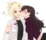  2girls bangs blonde_hair blue_eyes blush brown_hair casual cheek_kiss closed_eyes coffee coffee_cup d.va_(overwatch) facepaint facial_mark giji-p heart kiss labcoat long_hair mercy_(overwatch) multiple_girls overwatch ponytail simple_background spill surprised swept_bangs whisker_markings white_background yuri 