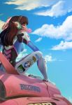  1girl 2017 artist_name blizzard_(company) blue_bodysuit blue_sky bodysuit breasts brown_eyes brown_hair bubble_blowing bubblegum clothes_writing clouds commentary d.va_(overwatch) dated day facepaint facial_mark facing_away from_behind from_side gloves gum gun handgun headphones high_collar highres holding holding_gun holding_weapon lips logo long_hair looking_afar mecha medium_breasts meka_(overwatch) nia_obidos_townsend no_pupils nose outdoors overwatch pilot_suit pink_lips pistol profile ribbed_bodysuit shoulder_pads signature sitting skin_tight sky solo weapon whisker_markings white_gloves white_legwear 