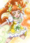  1girl :d boots bow brown_hair choker cure_rosetta curly_hair dokidoki!_precure double_bun dress earrings flower green_bow hair_flower hair_ornament hanzou highres jewelry knee_boots long_hair looking_at_viewer magical_girl open_mouth orange_background precure smile solo sparkle star starry_background twintails yellow_boots yellow_dress yellow_eyes yotsuba_alice 