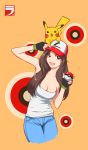  1girl animal animal_on_head baseball_cap black_gloves breasts brown_eyes brown_hair cleavage cropped_legs denim female_protagonist_(pokemon_go) fingerless_gloves gloves hair_over_shoulder hat highres holding holding_poke_ball jeans layer_x3 long_hair on_head pants pikachu poke_ball pokemon pokemon_(creature) pokemon_go simple_background solo strapless 