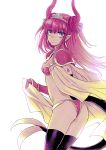  1girl :o aqua_eyes armor ass bikini_armor black_legwear cape curled_horns dragon_tail elizabeth_bathory_(brave)_(fate) fang fate/grand_order fate_(series) from_side gauntlets hizuki_mai horns lancer_(fate/extra_ccc) long_hair looking_to_the_side pauldrons pink_hair pointy_ears solo tail thigh-highs white_background 