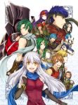  1girl 4girls 6+boys :d anniversary armor bare_shoulders black_gloves black_hair black_knight blonde_hair blue_eyes blue_hair blue_scarf brown_eyes brown_hair cape check_commentary commentary_request dagger dress edward_(fire_emblem) elbow_gloves elincia_ridell_crimea facial_mark fingerless_gloves fire_emblem fire_emblem:_akatsuki_no_megami full_armor geoffrey_(fire_emblem) gloves green_hair hair_over_one_eye hair_ribbon half_updo headband helmet highres horse jewelry knife leonardo_(fire_emblem) long_hair lucia_(fire_emblem) micaiah multiple_boys multiple_girls nolan open_mouth pointy_ears purple_hair red_eyes ribbon robe sanaki_kirsch_altina scarf silver_hair sleeveless sleeveless_dress smile solo_focus soren sothe tibarn weapon wings yellow_eyes 