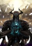  1boy armor cape fate/grand_order fate_(series) feathers full_armor gauntlets glowing glowing_eyes highres holding holding_sword holding_weapon horns king_hassan_(fate/grand_order) looking_at_viewer male_focus omaru_gyuunyuu pauldrons skull_mask sword upper_body weapon white_feathers 
