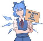  (9) 1girl blue_dress blue_eyes blue_hair bow cirno commentary crying crying_with_eyes_open dress eyebrows_visible_through_hair hair_bow ice ice_wings looking_at_viewer mefomefo neck_ribbon ribbon short_sleeves sign simple_background solo tears text touhou white_background wings 