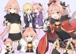  1boy 1girl :&lt; :d :o ;d ^_^ ^o^ absurdres alternate_costume arm_around_shoulder astolfo_(fate) bangs black_bow black_gloves black_legwear blonde_hair blush bow braid bruise cape closed_eyes closed_mouth collared_shirt cropped_legs emblem eye_contact eyebrows_visible_through_hair fang fate/apocrypha fate_(series) faulds flying_sweatdrops fur_trim garter_straps gloves groin hair_bow hair_intakes highres index_finger_raised injury jacket jeanne_d&#039;arc_(fate) jeanne_d&#039;arc_(fate)_(all) kusumoto_touka leaning_forward long_hair looking_at_another looking_at_viewer multicolored_hair navel necktie one_eye_closed open_clothes open_jacket open_mouth pink_background pink_hair purple_jacket purple_neckwear red_cape sheath sheathed shiny shiny_hair shirt simple_background single_braid smile stomach streaked_hair striped striped_shirt sword thigh-highs translation_request trap v-shaped_eyebrows very_long_hair violet_eyes weapon white_cape white_hair white_shirt wing_collar wrist_guards zettai_ryouiki 