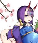  1girl ass fang fate/grand_order fate_(series) highres horns jibako looking_at_viewer purple_hair short_hair shuten_douji_(fate/grand_order) simple_background solo thighs violet_eyes 
