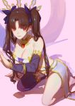  1girl absurdres armlet bangs bare_shoulders black_hair breasts cleavage crown detached_sleeves earrings fate/grand_order fate_(series) hair_ribbon highres hoop_earrings ishtar_(fate/grand_order) jewelry kneeling long_hair medium_breasts parted_bangs red_cucumber red_eyes ribbon single_thighhigh solo thigh-highs tohsaka_rin two_side_up 