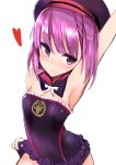  1girl arm_up armpits bare_shoulders blush detached_sleeves fate/grand_order fate_(series) flat_chest hat helena_blavatsky_(fate/grand_order) highres looking_at_viewer muoto purple_hair short_hair smile solo strapless violet_eyes 