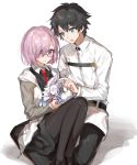  1boy 1girl :o animal bangs black-framed_eyewear black_hair black_legwear blue_eyes chokoan_(tyokoa4649) closed_mouth collared_shirt fate/grand_order fate_(series) fou_(fate/grand_order) fujimaru_ritsuka_(male) glasses hair_between_eyes hair_over_one_eye holding holding_animal hood hoodie legs_together looking_at_another necktie one_eye_covered open_mouth pantyhose petting purple_hair red_necktie semi-rimless_glasses shadow shielder_(fate/grand_order) shirt short_hair simple_background sitting violet_eyes white_background white_shirt 