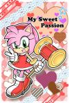  1girl amy_rose boots green_eyes hairband hammer heart official_style smile sonic_adventure sonic_the_hedgehog v 