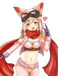  1girl alternate_costume arm_at_side blonde_hair blush breasts brown_eyes cleavage crop_top cropped_jacket djeeta_(granblue_fantasy) granblue_fantasy groin hat looking_at_viewer midriff navel nochan open_mouth pink_hat pink_jacket red_scarf scarf short_hair smile solo 