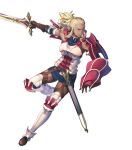  1girl armor armored_boots blonde_hair boots breastplate dark_skin dress elbow_pads fire_emblem fire_emblem_awakening fire_emblem_heroes flavia_(fire_emblem) gloves highres holding holding_sword holding_weapon lips long_hair official_art short_dress shoulder_armor sidelocks skirt solo sword thigh-highs tied_hair transparent_background violet_eyes weapon yoneko_okome zettai_ryouiki 