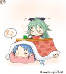  &gt;_&lt; 2girls blue_hair blush bowl chibi chopsticks closed_eyes eating flying_sweatdrops food gradient_hair green_hair highres kantai_collection kotatsu lying mae_(maesanpicture) multicolored_hair multiple_girls on_stomach samidare_(kantai_collection) sleeping table the_yuudachi-like_creature twitter_username yamakaze_(kantai_collection) zzz 