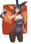  1girl alternate_costume animal_ears armpits bare_shoulders black-framed_eyewear black_hair black_legwear blush bottle bow bowtie breasts bunny_girl bunnysuit cleavage closed_mouth commentary_request cowboy_shot detached_collar fake_animal_ears glasses green_eyes hair_between_eyes hairband holding holding_bottle kantai_collection leotard long_hair looking_at_viewer medium_breasts ooyodo_(kantai_collection) pantyhose rabbit_ears red_bow red_bowtie semi-rimless_glasses sideboob smile solo under-rim_glasses wrist_cuffs yuuji_(and) 