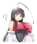  1girl :/ ? ahoge bare_shoulders black_eyes black_hair breasts closed_mouth crop_top crop_top_overhang detached_sleeves hime_cut japanese_clothes large_breasts long_hair long_sleeves looking_at_viewer m.u.g.e.n miko ototobe sendai_hakurei_no_miko solo taut_clothes touhou undershirt upper_body wide_sleeves 