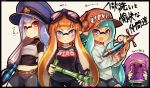  4girls aqua_eyes aqua_hair armor bamboozler_14_(splatoon) bangs baseball_cap belt bike_shorts black_shirt black_shorts blue_eyes blue_hair blunt_bangs blush breastplate brown_hat camouflage_hat closed_mouth conomi-c5 covered_face domino_mask e-liter_3k_(splatoon) goggles goggles_on_head hat headgear hiding highres holding holding_weapon inkling inkling_(language) long_hair long_sleeves looking_at_viewer mask multiple_girls orange_hair parted_lips peaked_cap pointy_ears print_shirt purple_hair red_eyes shirt short_sleeves shorts single_vertical_stripe smile splash-o-matic_(splatoon) splatoon squatting standing suction_bomb_(splatoon) tentacle_hair translation_request upper_body weapon white_shirt 