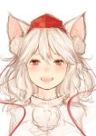  1girl absurdres animal_ears blush fangs hat highres ikoan inubashiri_momiji open_mouth pom_pom_(clothes) red_eyes simple_background sketch solo tokin_hat touhou white_hair wolf_ears 