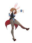  1girl animal_ears brown_hair bunnysuit coattails cuffs full_body gyosone high_heels jacket kill_la_kill mankanshoku_mako pantyhose rabbit_ears short_hair simple_background solo 