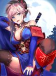  1girl :d asymmetrical_hair backlighting bare_shoulders black_legwear blue_eyes breasts cleavage collarbone detached_sleeves earrings fate/grand_order fate_(series) full_moon hair_ornament japanese_clothes jewelry long_sleeves looking_at_viewer magatama medium_breasts miyamoto_musashi_(fate/grand_order) moon moonlight nochita_shin open_mouth pink_hair ponytail smile solo squatting teeth thigh-highs 