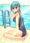  1girl :d alternate_costume aqua_eyes aqua_hair bare_arms bare_legs bare_shoulders barefoot blush breasts feet from_side full_body hair_between_eyes hair_ornament highres kantai_collection large_breasts long_hair looking_at_viewer looking_to_the_side one-piece_swimsuit open_mouth pool pool_ladder poolside school_swimsuit sitting smile soil_chopsticks soles solo suzuya_(kantai_collection) swimsuit toes 