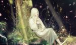  1girl creature eyelashes glowing grass hair_over_eyes holding holding_pipe japanese_clothes kimono kiseru long_hair long_sleeves mushishi nature nui_(mushishi) obi outdoors pipe sash sencha_aiiiko sitting smoke smoking sunlight tree under_tree white_kimono wide_sleeves 