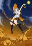  1girl absurdres arm_up broom broom_riding from_below full_moon green_eyes halloween hat highres ichiban_no_yagi jack-o&#039;-lantern looking_at_viewer moon original smile solo witch witch_hat 