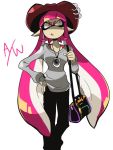  1girl bag commentary_request cowboy_hat domino_mask goggles goggles_on_head handbag hat inkling jewelry long_hair mask nana_(raiupika) necklace pink_eyes pink_hair splatoon tentacle_hair 